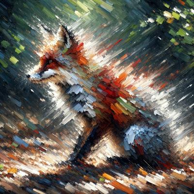 The primary subject of the image is a fox, which is the main object, scene, or focus of the image. The setting/background features a forest, with trees visible in the background. The visual style of the image is a painting, as it is described as a painting of a fox. The colors and mood of the painting are vibrant and lively, with the fox being the main subject and the forest providing a natural and serene backdrop.